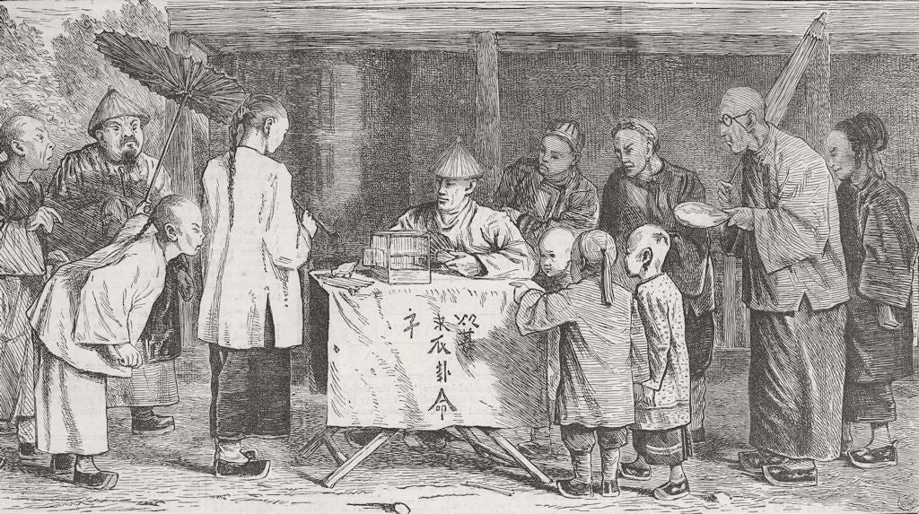 CHINA. Fortune-telling with tame bird 1873 old antique vintage print picture